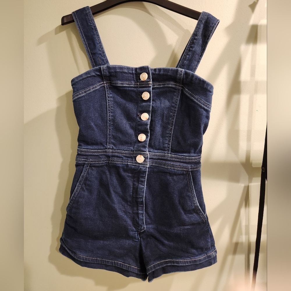 Anthropologie Maeve Dark Blue Denim Romper